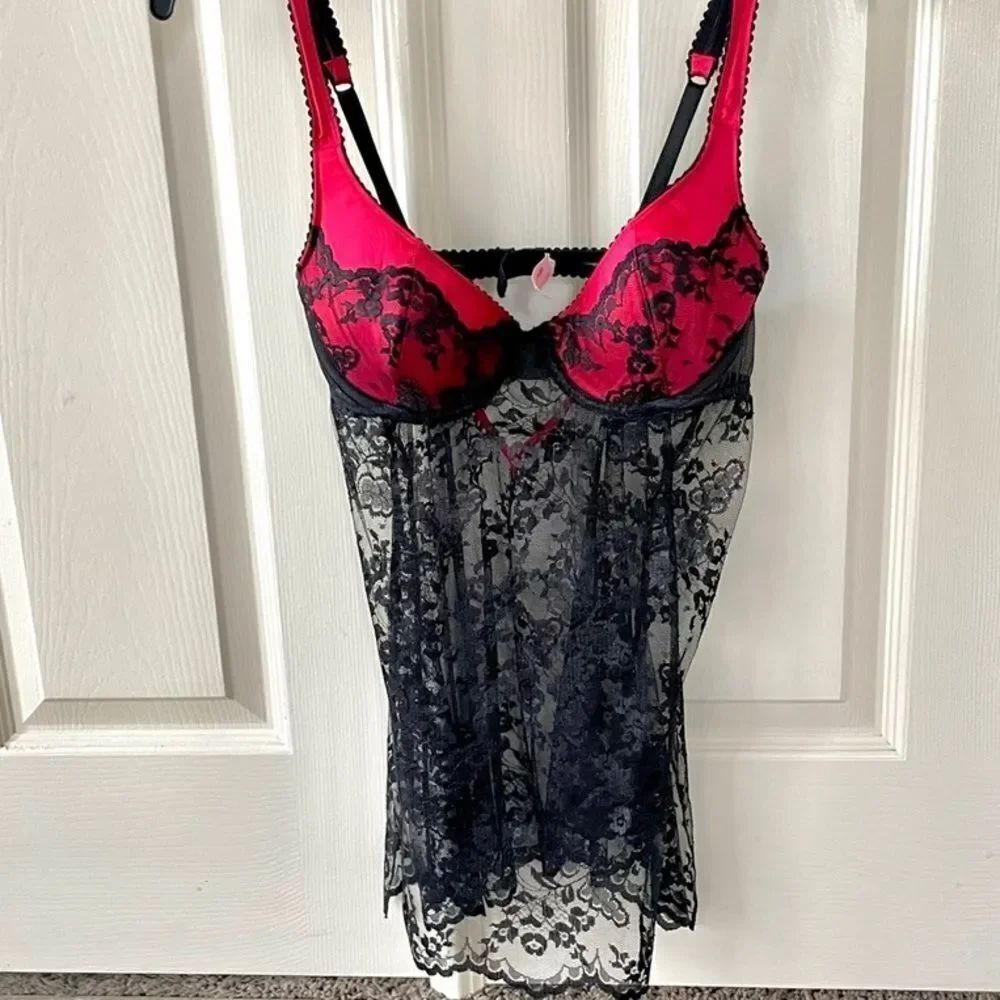 Victoria Secret black lace lingerie with red built in underwire bra